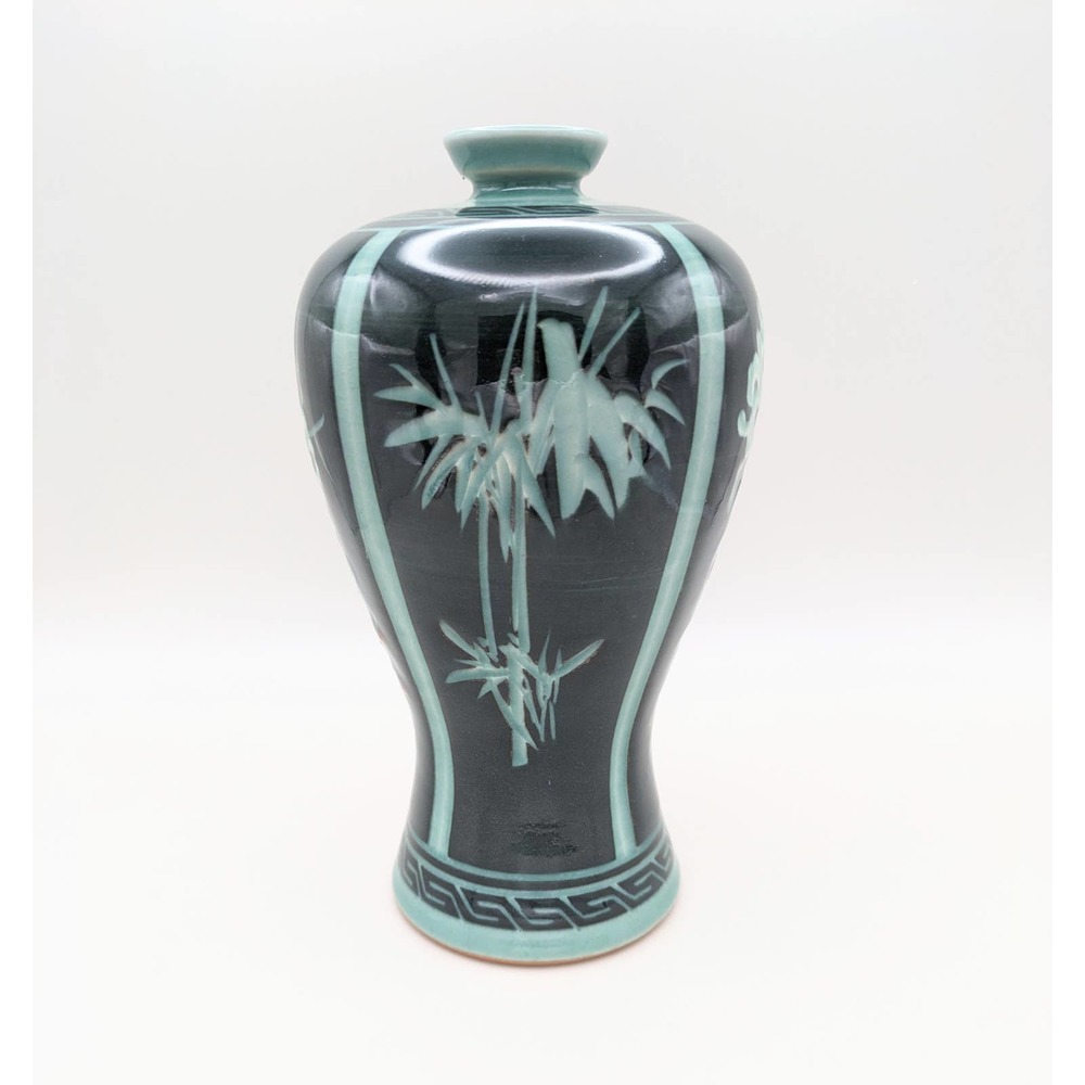 Vintage stamped Korean celadon dark green crackle flower vase four seasons
